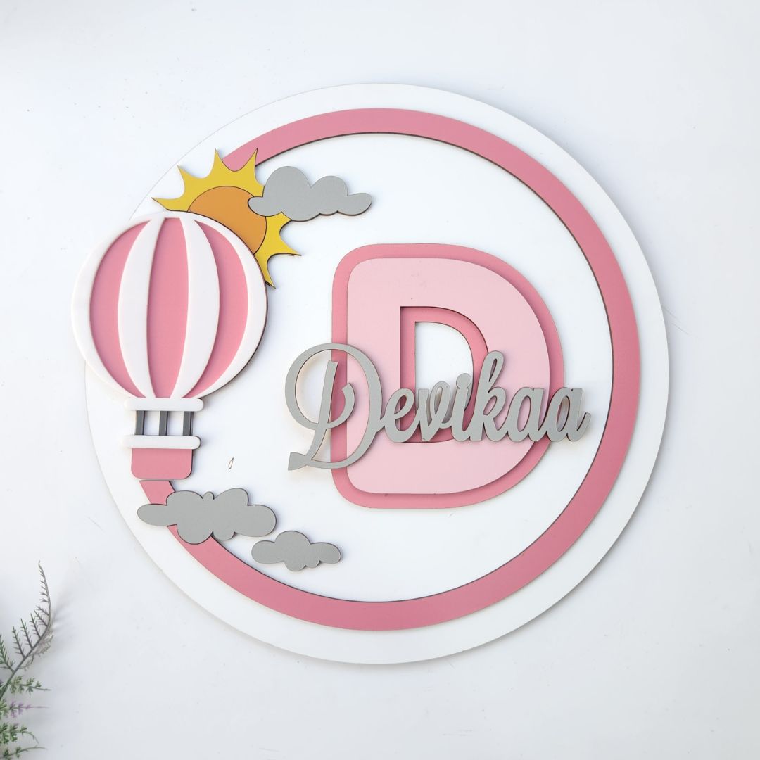 HOT AIR BALLOON THEME NAME SIGN - PINK